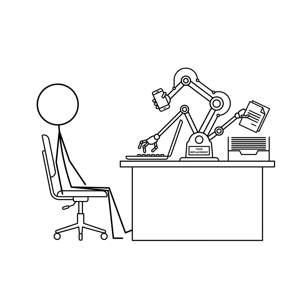A robot replacement working at a desk while a former employee watches.