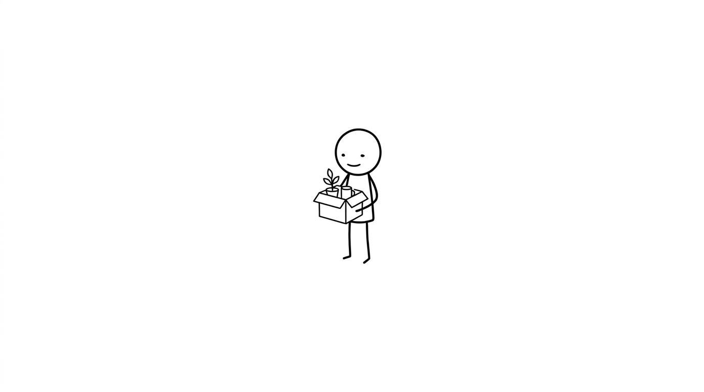 A calmly laid off figure holding a box with a small plant.