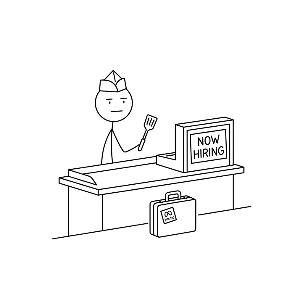 A laid off Meta employee at a now hiring fast food counter.