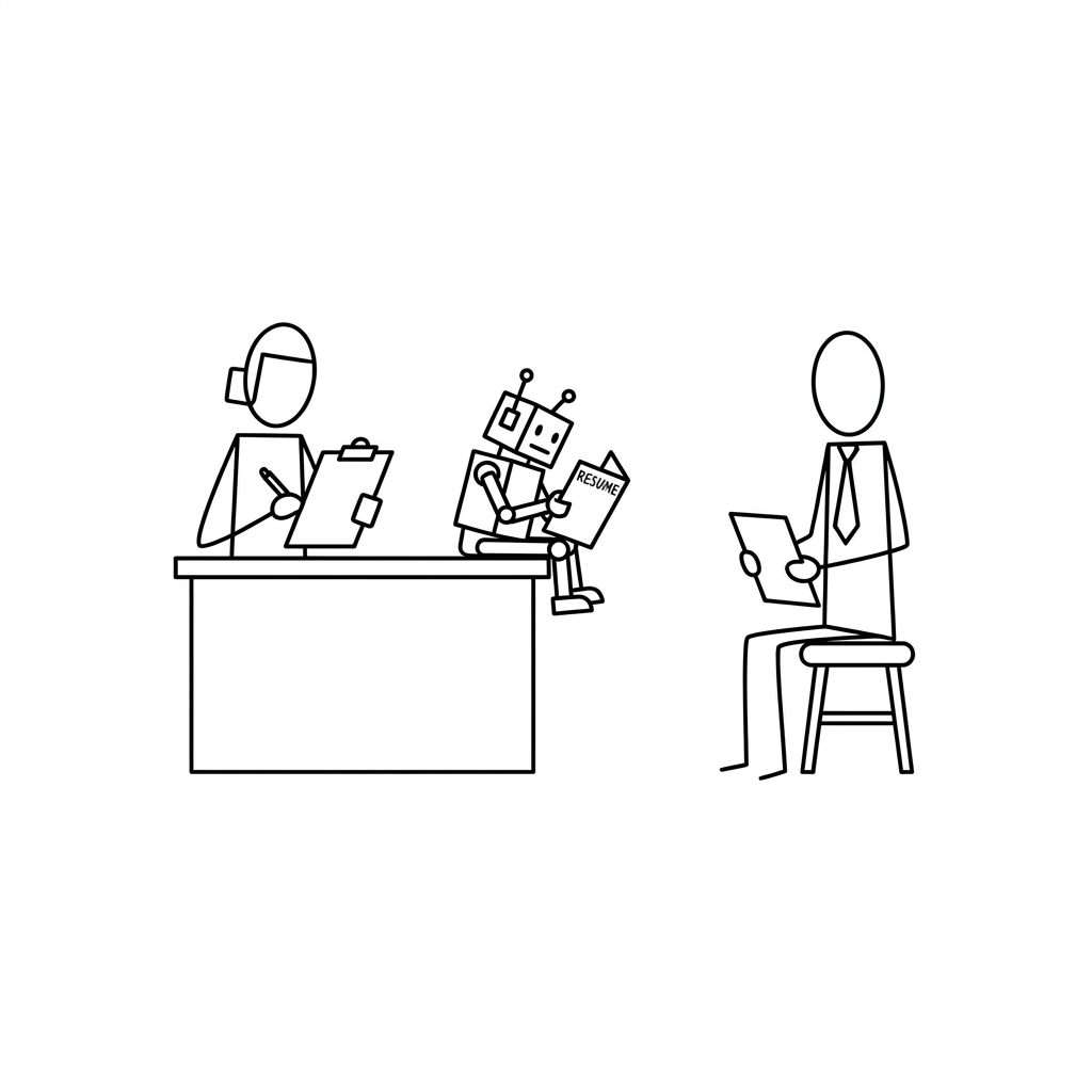 A robot interviewing a human applicant.
