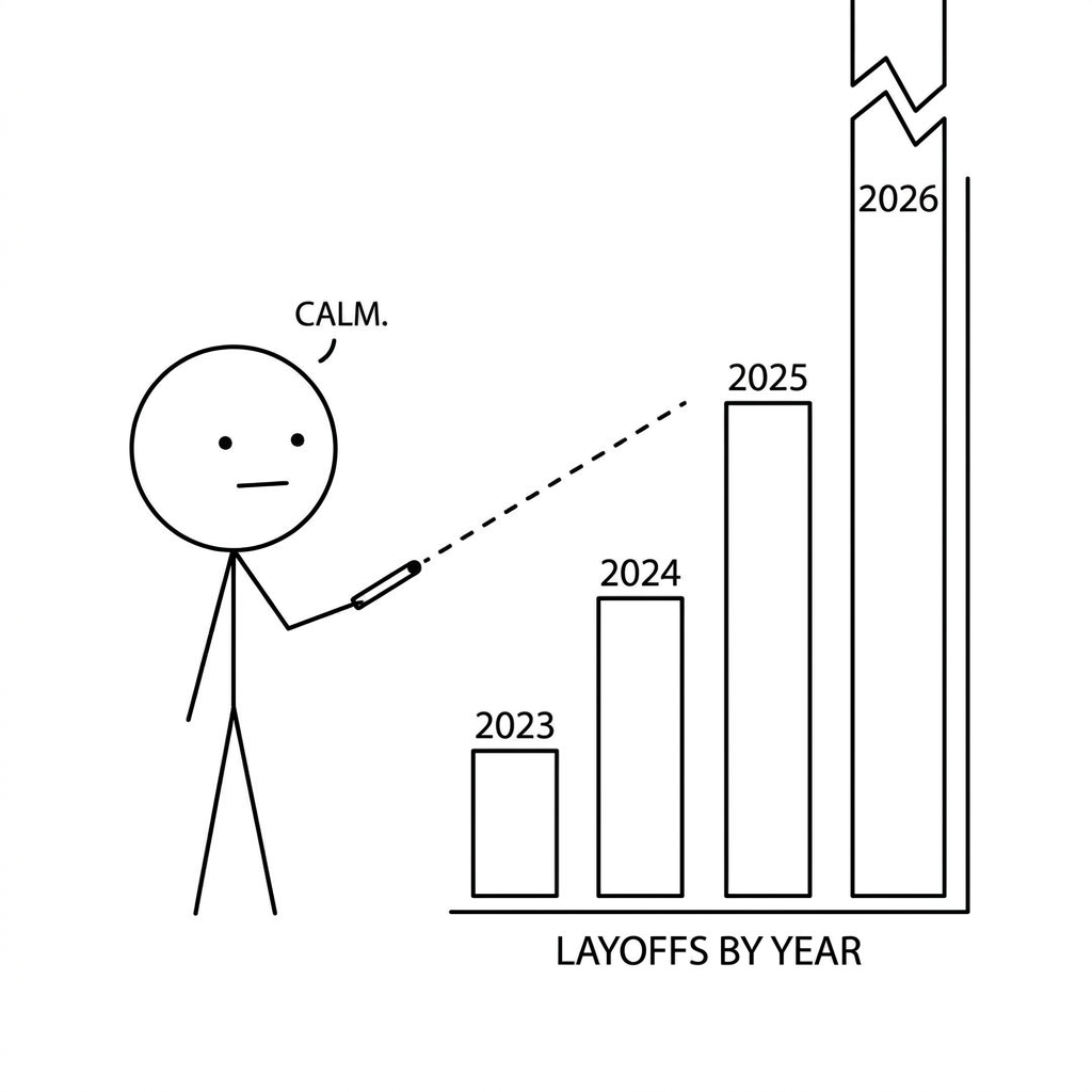 Layoffs by year climbing into a broken 2026 column.
